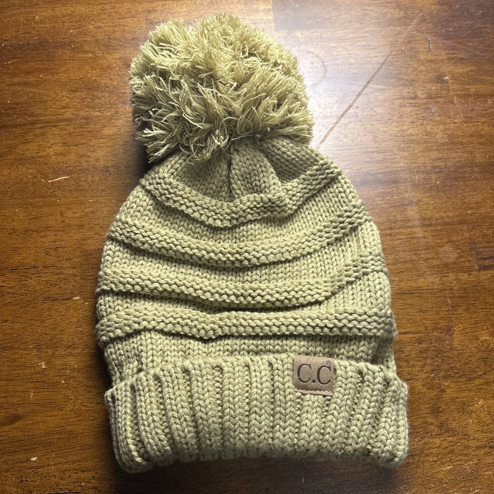 C.C Beanie Pom Pom Knit Hat Tan Beige Chunky Cable Winter Cap Cuffed Cute